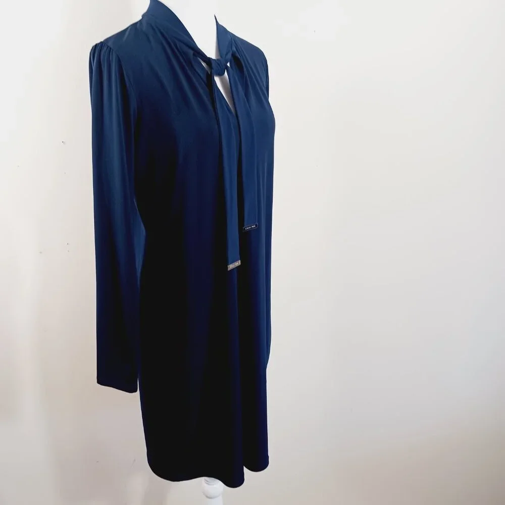 Michael Kors Lightweight Long Sleeve Navy Dress W/ Decorative Tie Neck, SZ Med. - Picture 10 of 16
